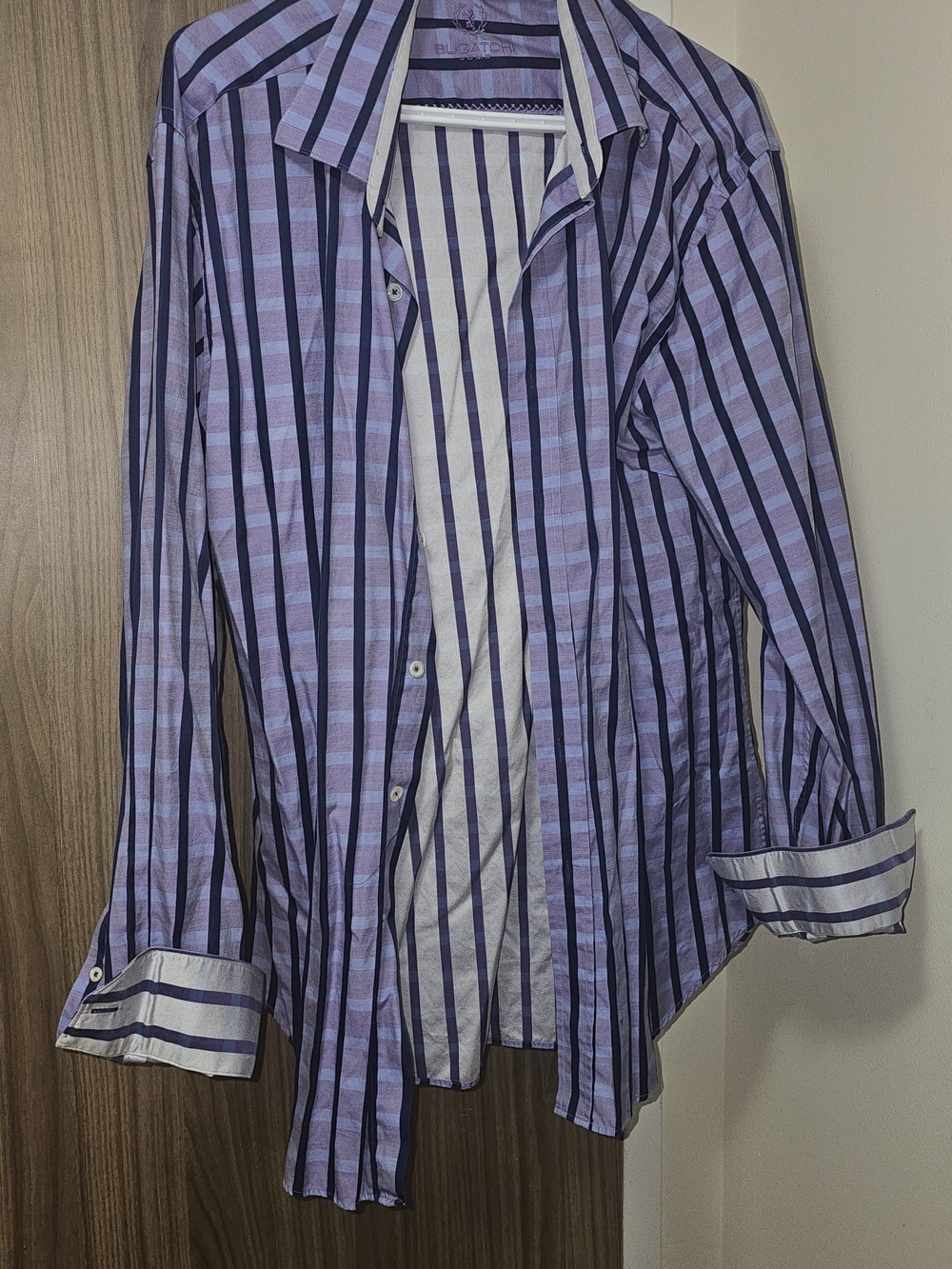 Bugatchi Lavender and Navy Vertical Stripe Button-Down Shirt XL
